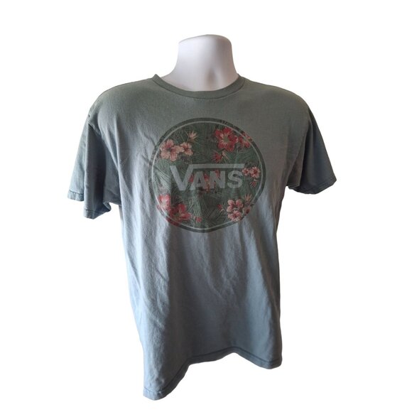 Vans Mens Graphic T Shirt M Green Hawaiian Floral Logo Streetwear Y2K Blokecore - Picture 1 of 5
